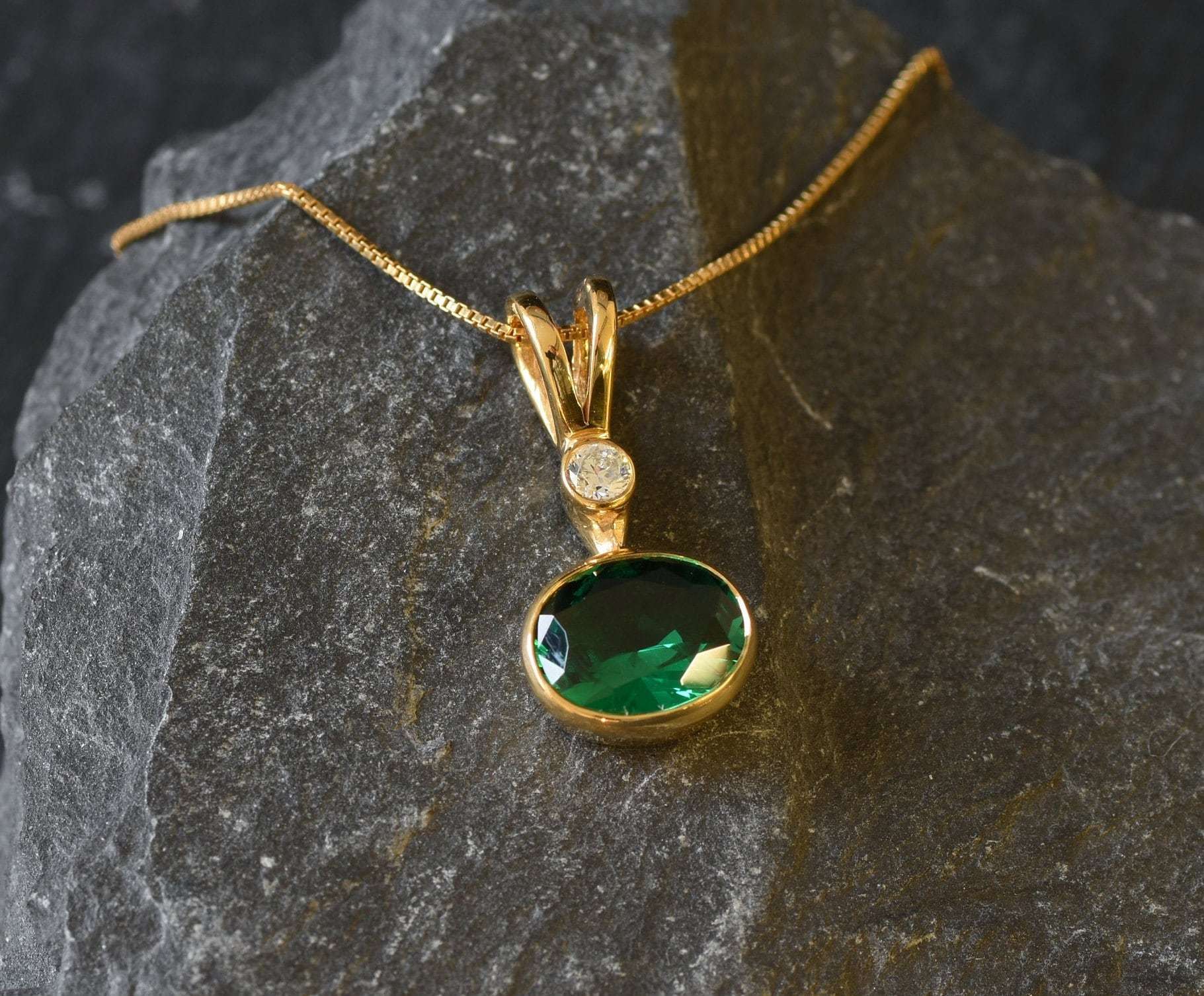 Oval Created Emerald Pendant in 18k Gold Vermeil, perfect May Birthstone gift for everyday wear and special occasions.