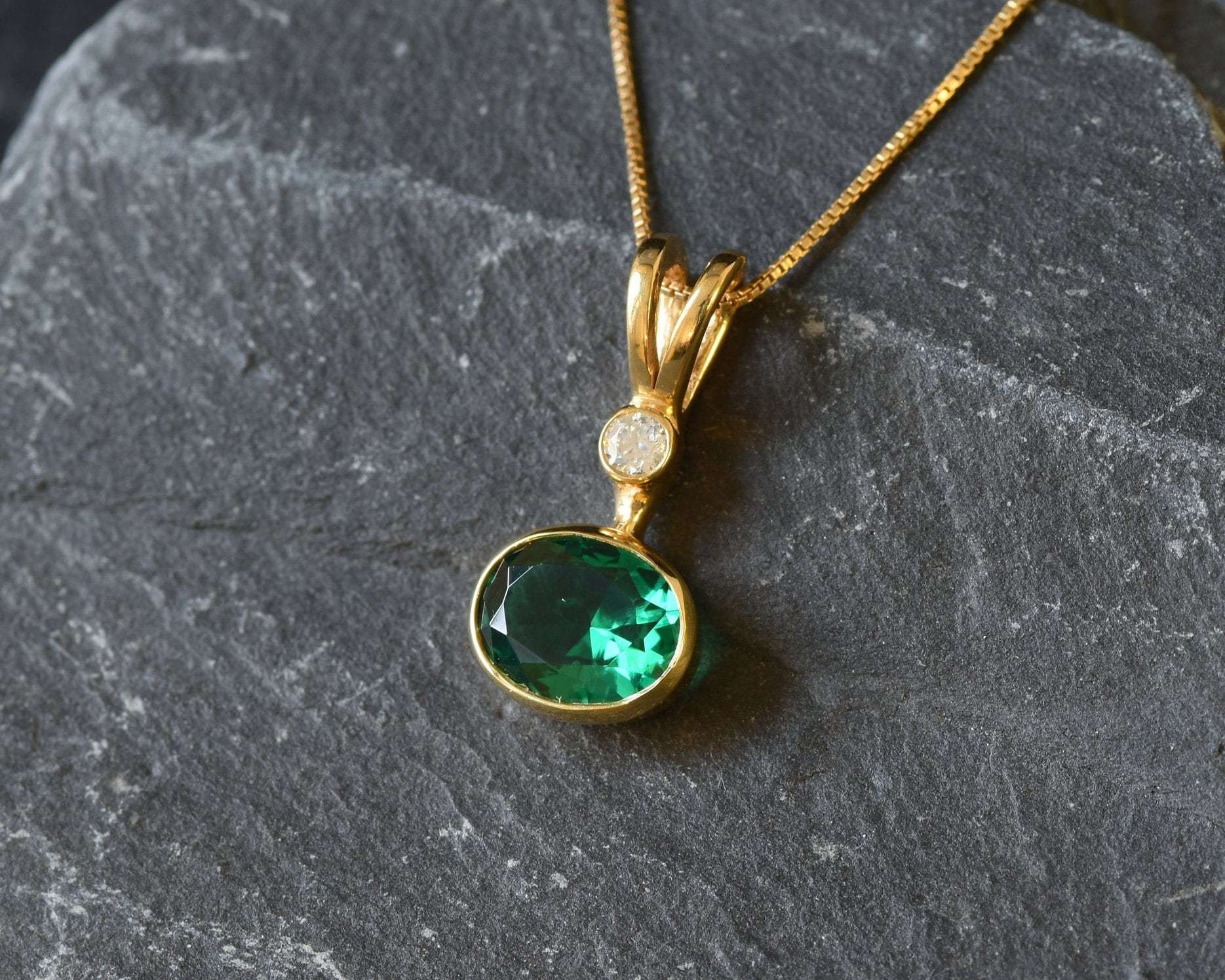 Created Emerald Pendant made in 18k Gold Vermeil with Oval Created Green Emerald in Bezel setting, May Birthstone gift idea, symbolizes, ideal for everyday wear and perfect for birthday gifting and special occasions.