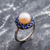 Victorian Pearl Ring - Sapphire Flower Ring - Pearl Statement Ring