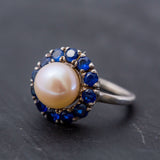 Victorian Pearl Ring - Sapphire Flower Ring - Pearl Statement Ring