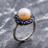 Victorian Pearl Ring - Sapphire Flower Ring - Pearl Statement Ring