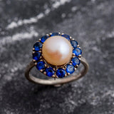 Victorian Pearl Ring - Sapphire Flower Ring - Pearl Statement Ring