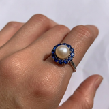 Victorian Pearl Ring - Sapphire Flower Ring - Pearl Statement Ring
