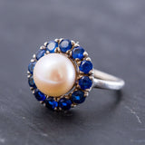 Victorian Pearl Ring - Sapphire Flower Ring - Pearl Statement Ring
