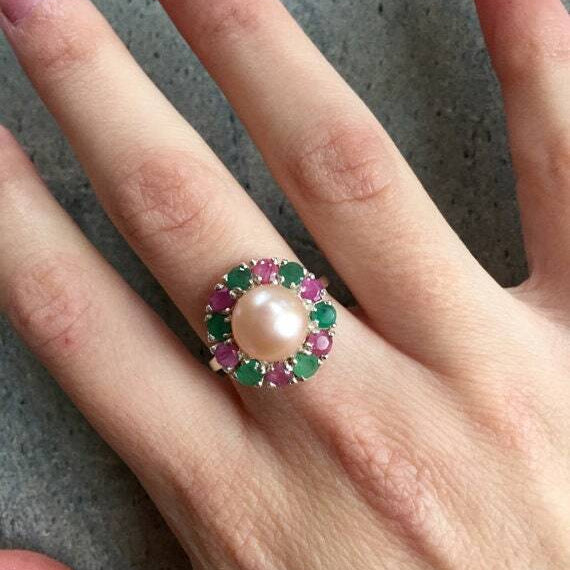 Victorian Pearl Ring, Real Pearl Ring, Natural Pearl, Blue Sapphire Ring, Created Sapphire, June Birthstone, Vintage Ring, Solid Silver Ring