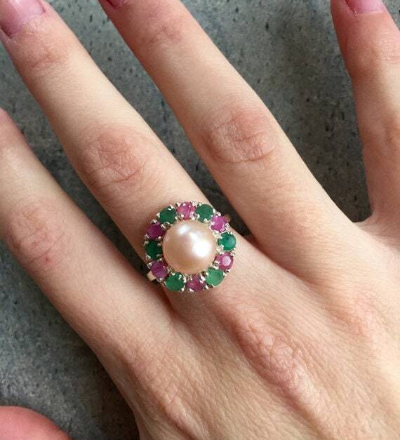 Victorian Pearl Ring, Real Pearl Ring, Natural Pearl, Blue Sapphire Ring, Created Sapphire, June Birthstone, Vintage Ring, Solid Silver Ring