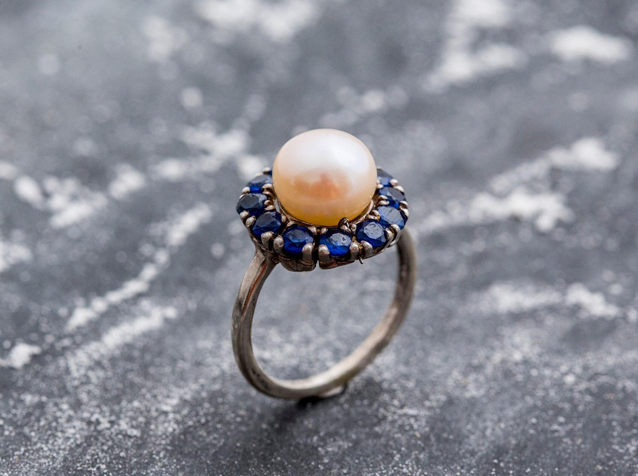 Sapphire And Pearl Birthstone Ring Freshwater Pearl Blue Sapphire