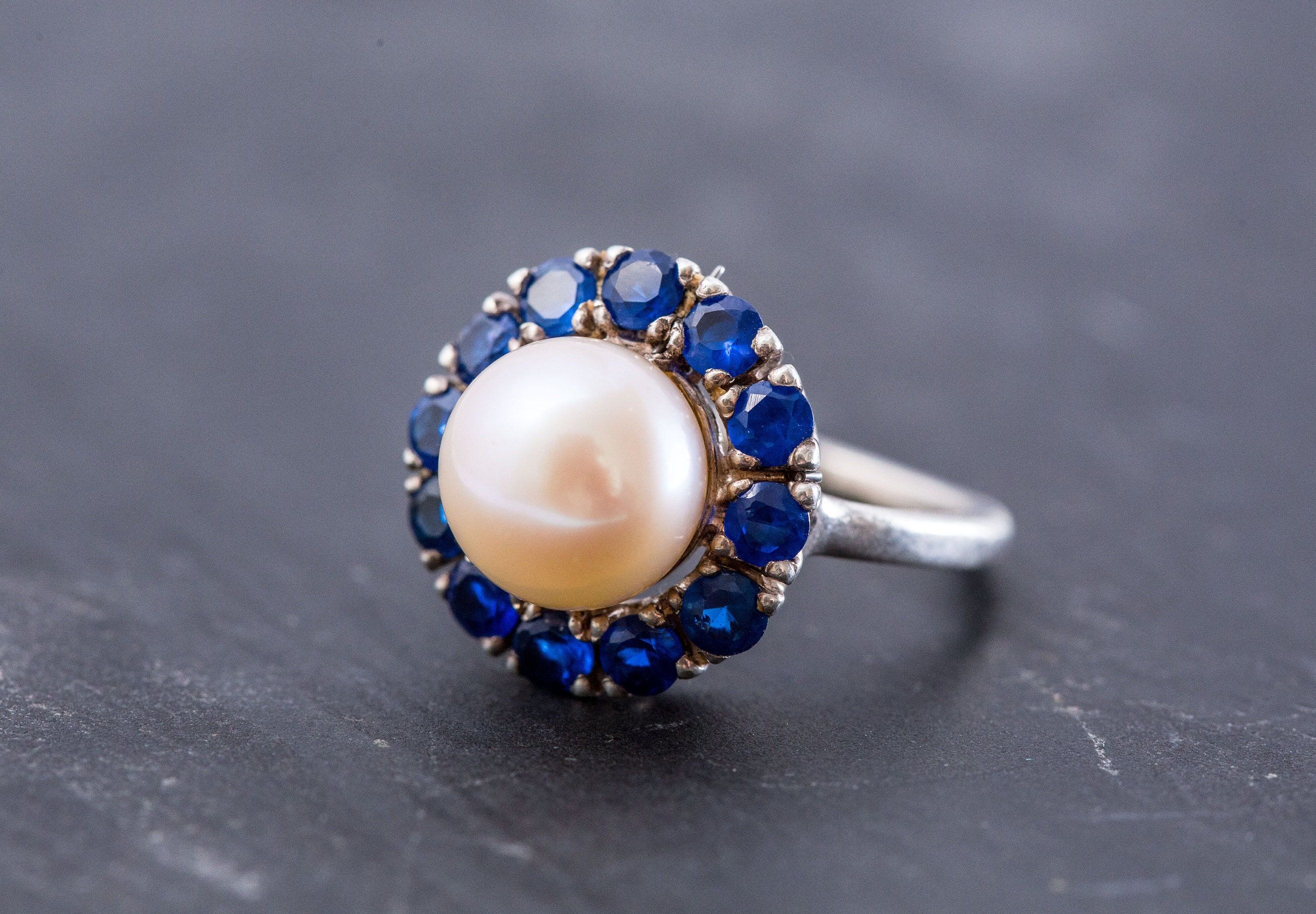 Victorian Pearl Ring, Real Pearl Ring, Natural Pearl, Blue Sapphire Ring, Created Sapphire, June Birthstone, Vintage Ring, Solid Silver Ring