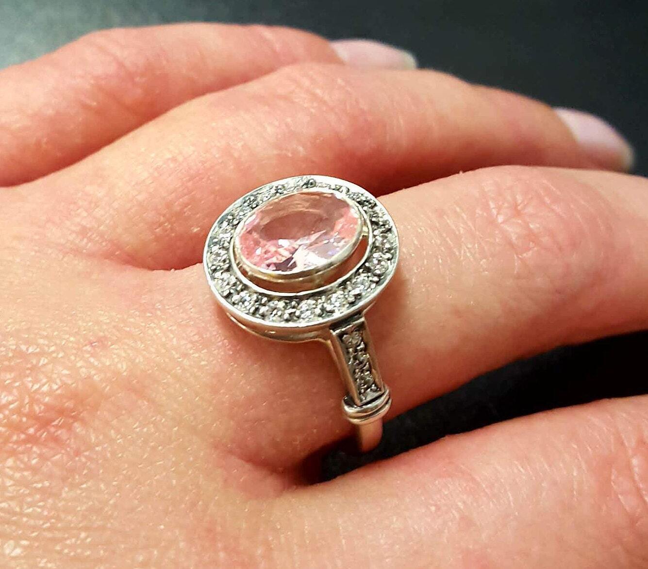 Morganite Ring, Created Morganite, Victorian Ring, Pink Vintage Rings, Pink Diamond Ring, Pink Morganite Ring, Solid Silver Ring, Morganite