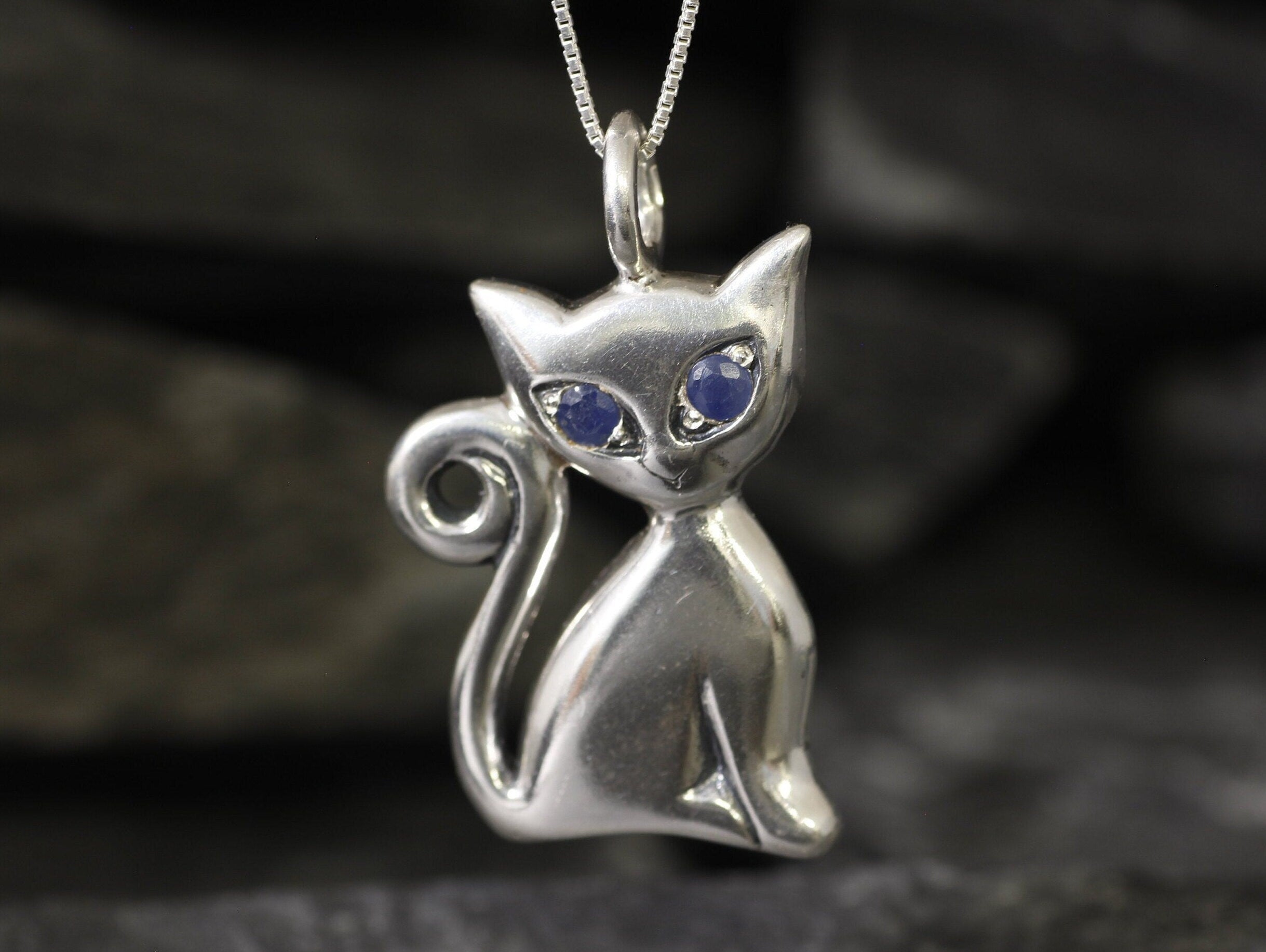 Sapphire Cat Pendant - Silver Cat Necklace - Cat Lover Necklace made in 925 Sterling Silver. Ideal for everyday wear and perfect for birthday gifting and special occasions.