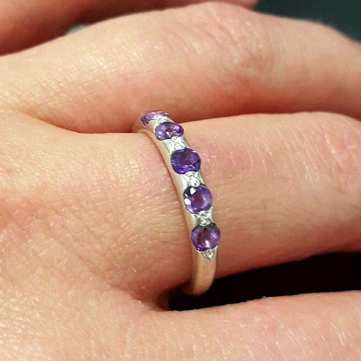 Amethyst Band, Natural Amethyst, February Ring, Stackable Band, Amethyst Ring, Purple Vintage Ring, Half Eternity Band, Solid Silver Ring