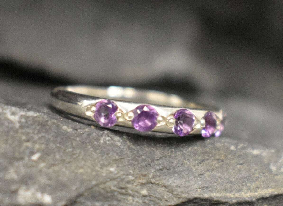 Amethyst Silver Ring - Half Eternity Band - Purple Gemstone Ring