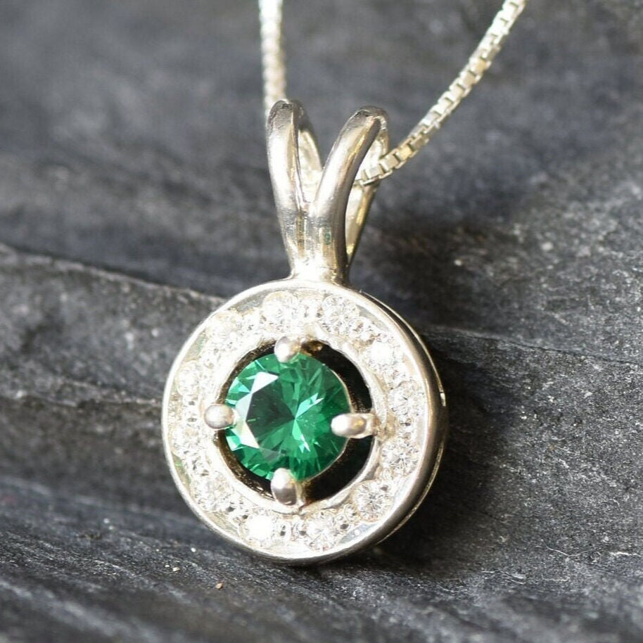 Round Pendant, Emerald Pendant, Created Emerald, Vintage Pendant, Small Pendant, Antique Pendant, Green Pendant, Silver Pendant, Emerald