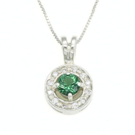 Created Emerald Pendant made in 925 Sterling Silver with Round Created Green Emerald in Halo setting, May Birthstone gift idea, symbolizes, ideal for everyday wear and perfect for birthday gifting and special occasions.