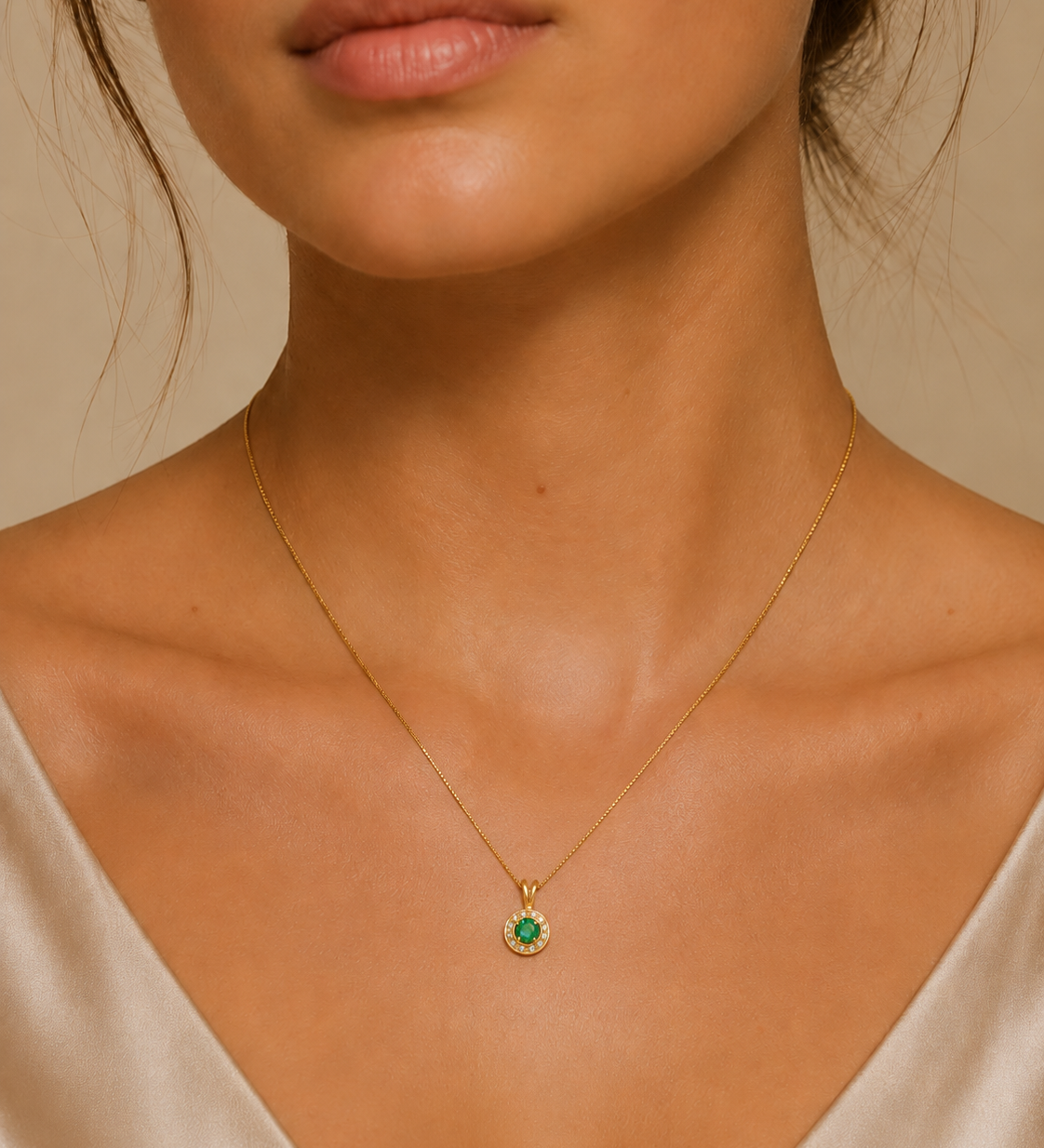 18k Gold Vermeil Emerald Pendant featuring a Round Created Green Emerald in a stylish Halo setting, perfect for any occasion.