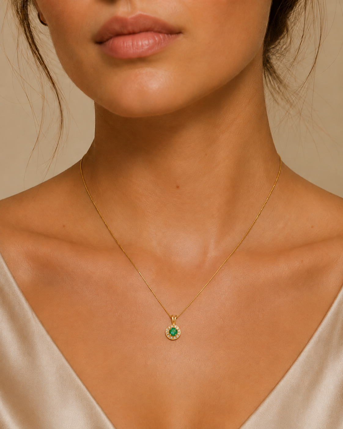 18k Gold Vermeil Emerald Pendant featuring a Round Created Green Emerald in a stylish Halo setting, perfect for any occasion.