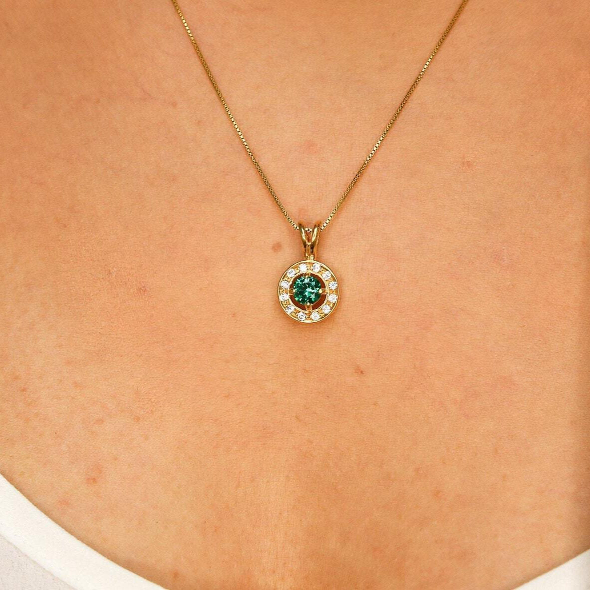 18k Gold Vermeil Emerald Pendant featuring a Round Created Green Emerald in a stylish Halo setting, perfect for any occasion.