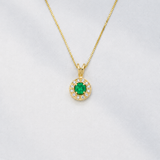 Created Emerald Pendant made in 18k Gold Vermeil with Round Created Green Emerald in Halo setting, May Birthstone gift idea, symbolizes, ideal for everyday wear and perfect for birthday gifting and special occasions.