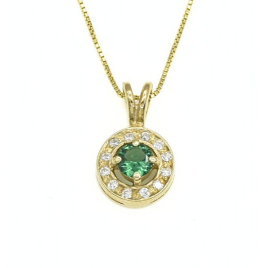Created Emerald Pendant made in 18k Gold Vermeil with Round Created Green Emerald in Halo setting, May Birthstone gift idea, symbolizes, ideal for everyday wear and perfect for birthday gifting and special occasions.