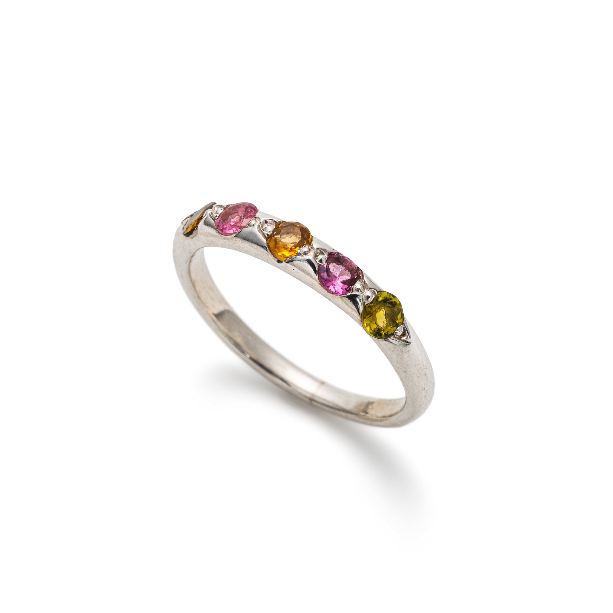 Tourmaline Band, Natural Tourmaline, Stackable Ring, Pink Tourmaline, Half Eternity Ring, Yellow Tourmaline, October Birthstone, Silver Ring