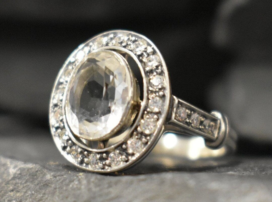 Diamond Ring, Topaz Ring, Natural Topaz Ring, December Birthstone, Victorian Ring, Vintage Ring, White Topaz Ring, Solid Silver Ring, Topaz