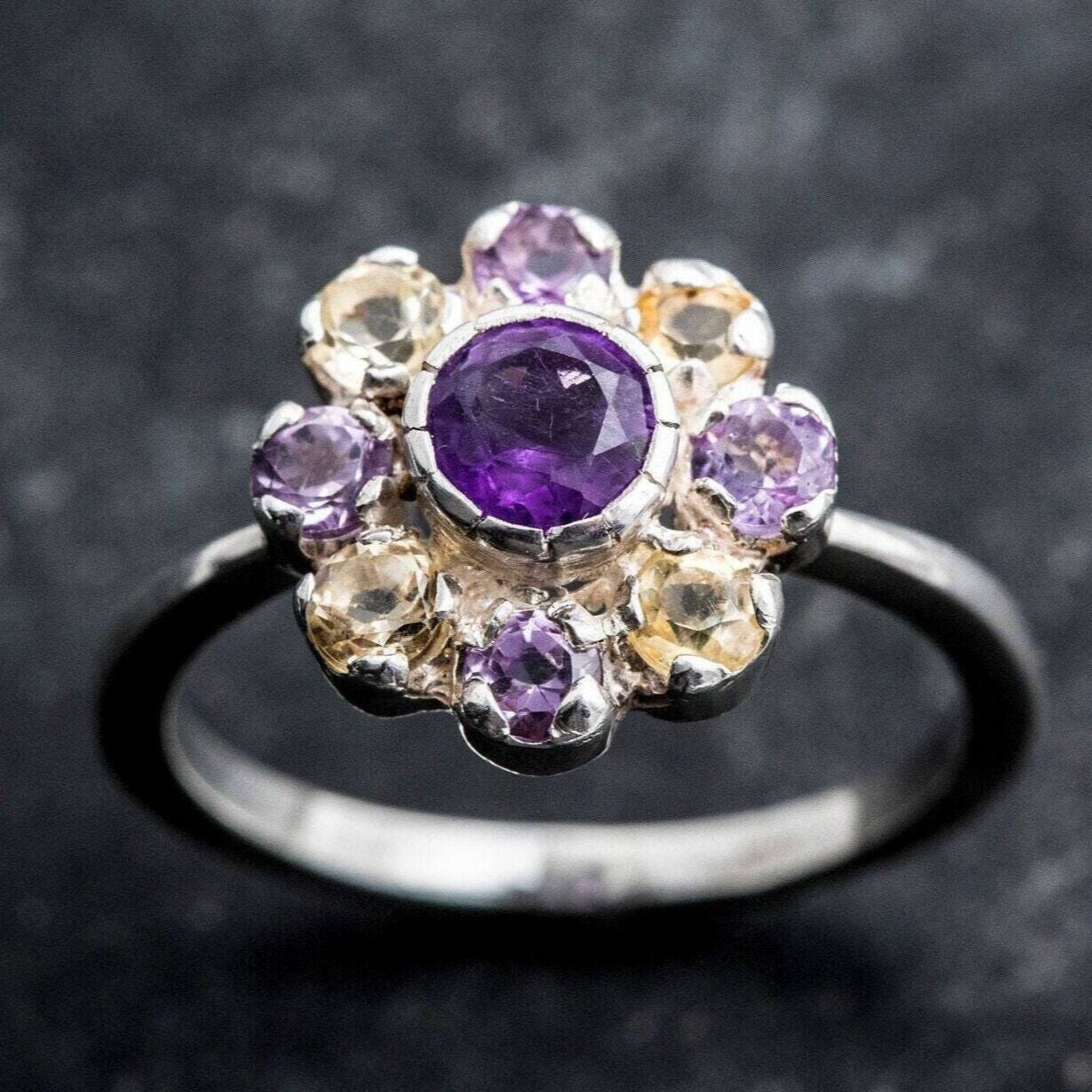Amethyst Flower Ring, Citrine Ring, Natural Stones, Vintage Ring, Flower Ring, February Birthstone, November Birthstone, Solid Silver Ring