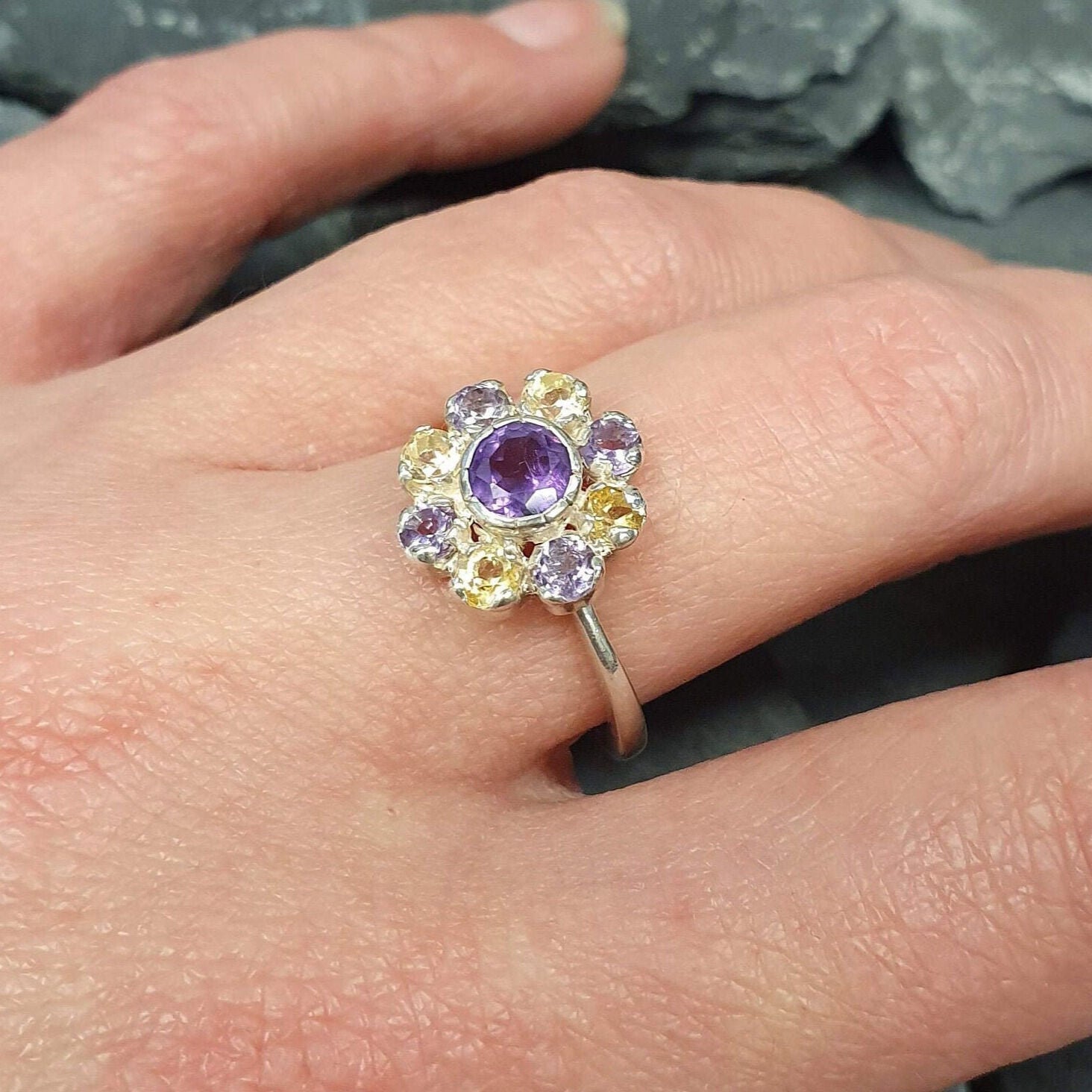 Amethyst Flower Ring, Citrine Ring, Natural Stones, Vintage Ring, Flower Ring, February Birthstone, November Birthstone, Solid Silver Ring