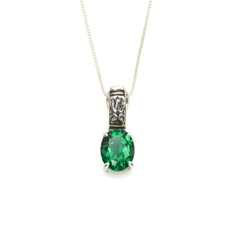 Created Emerald Pendant made in 925 Sterling Silver with Oval Created Green Emerald in Prong setting, May Birthstone gift idea, symbolizes, ideal for everyday wear and perfect for birthday gifting and special occasions.