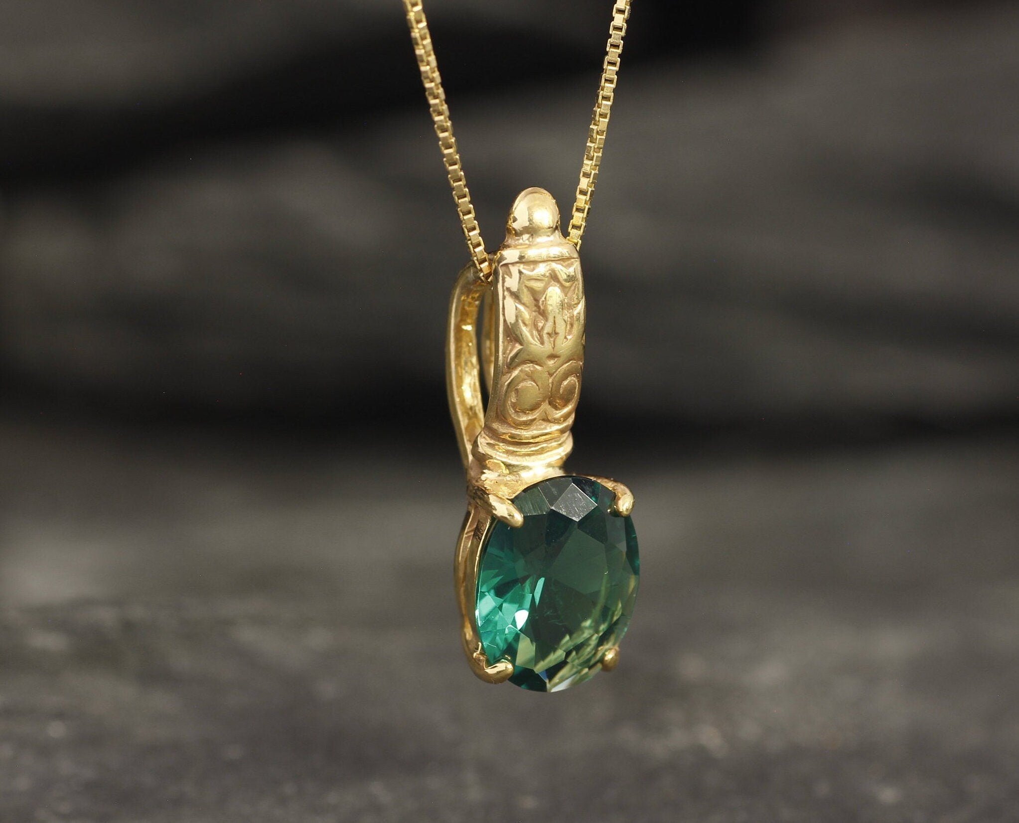 Elegant 18k Gold Vermeil Emerald Pendant featuring an Oval Created Green Emerald, perfect for everyday wear and special occasions.