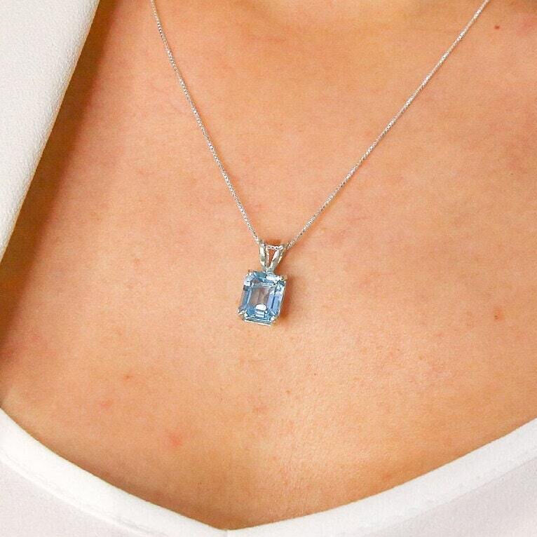 Solitaire Elegant Square Pendant Necklace - Blue Simulated Topaz In .925 Sterling Silver