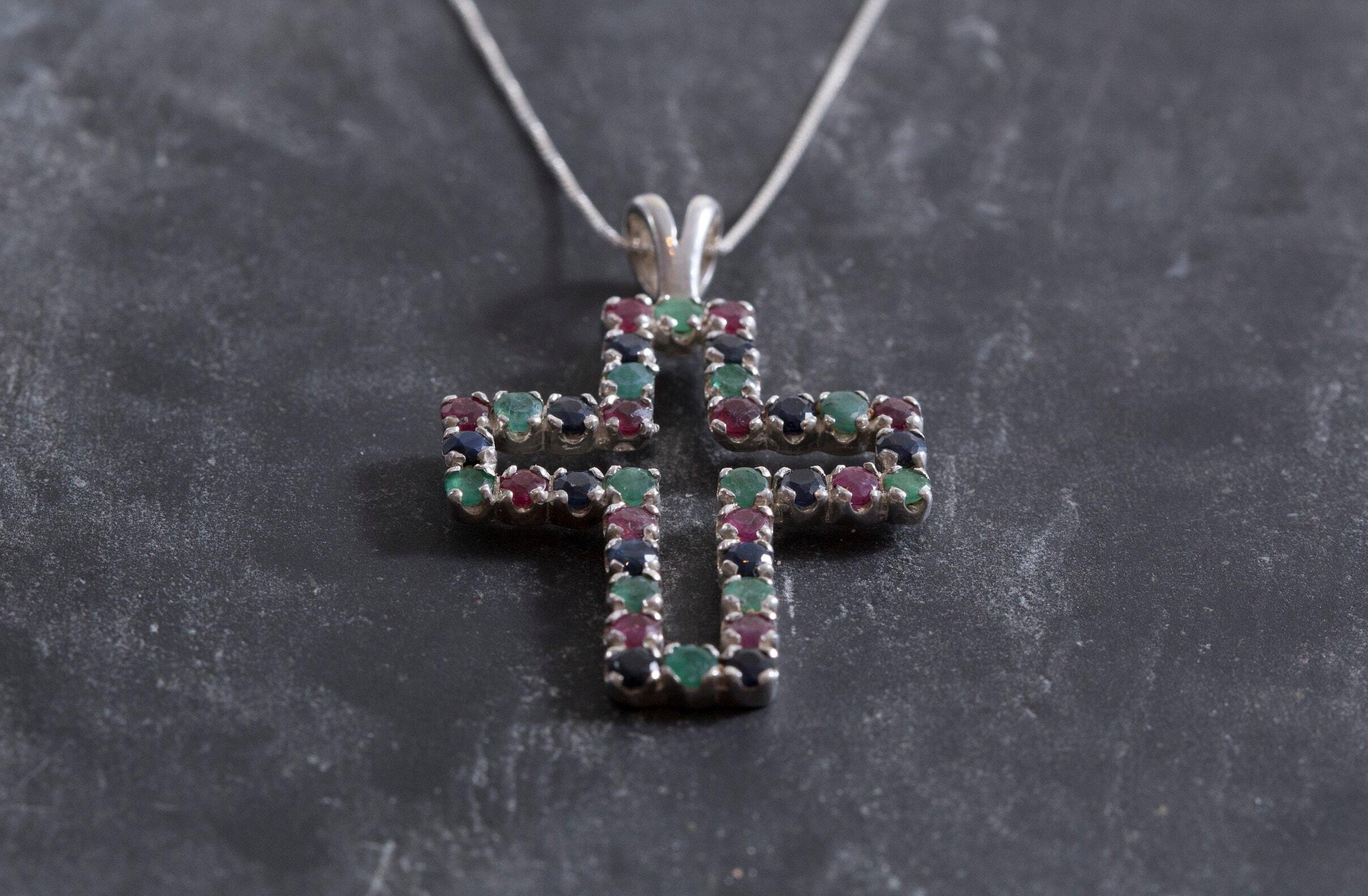 Cross Pendant, Emerald Pendant, Ruby Pendant, Sapphire Pendant, Multistone Pendant, Solid Silver Pendant, Unique Pendant, Vintage Pendant