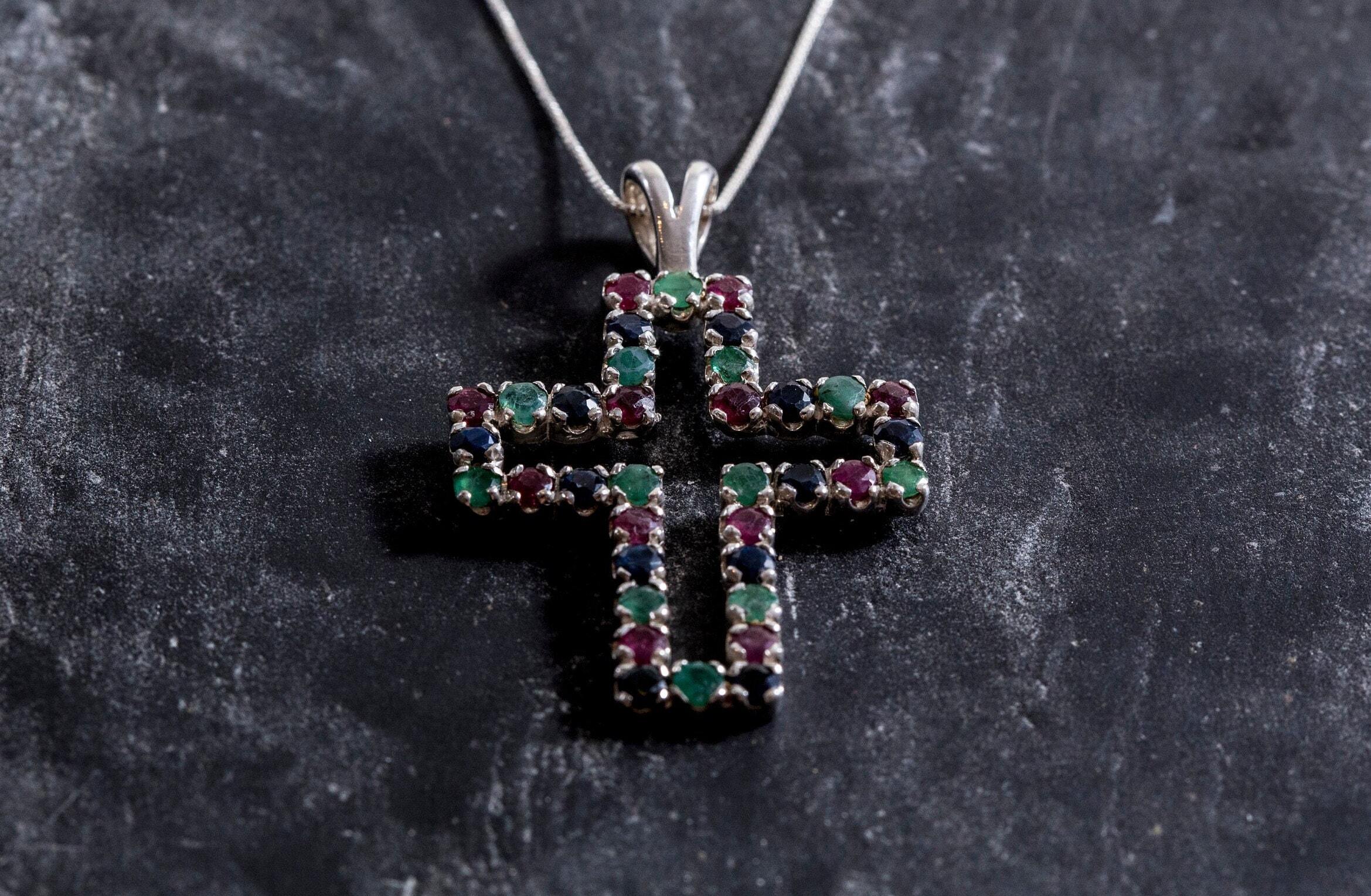 Cross Pendant, Emerald Pendant, Ruby Pendant, Sapphire Pendant, Multistone Pendant, Solid Silver Pendant, Unique Pendant, Vintage Pendant