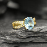 Vintage Blue Topaz Ring - Natural Blue Topaz Ring - Blue Topaz Split Pave Band