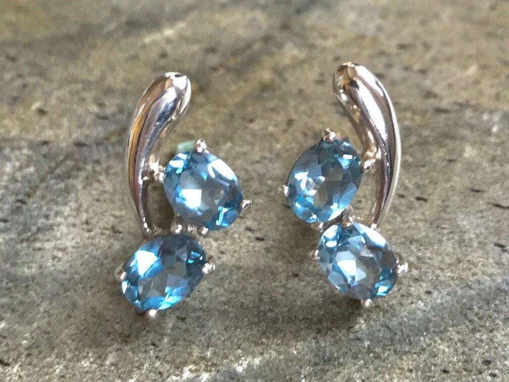 Topaz Earrings, Two Stone Earrings, December Birthstones, Vintage Earrings, Natural Blue Topaz, Diamond Cut, Blue Diamond, Silver Earrings