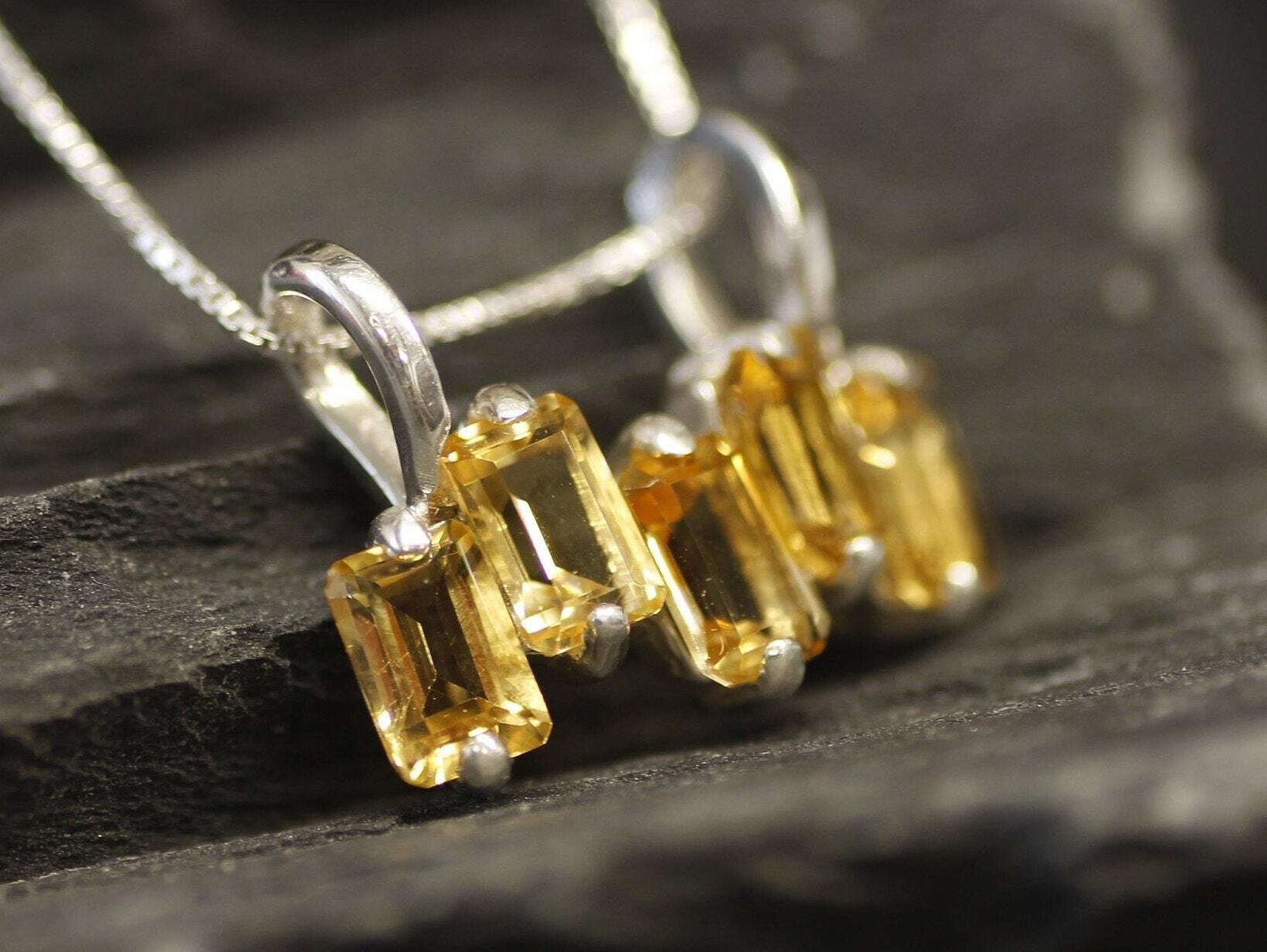 Yellow Citrine Pendant - Natural Citrine Necklace, Staggered Baguette Necklace