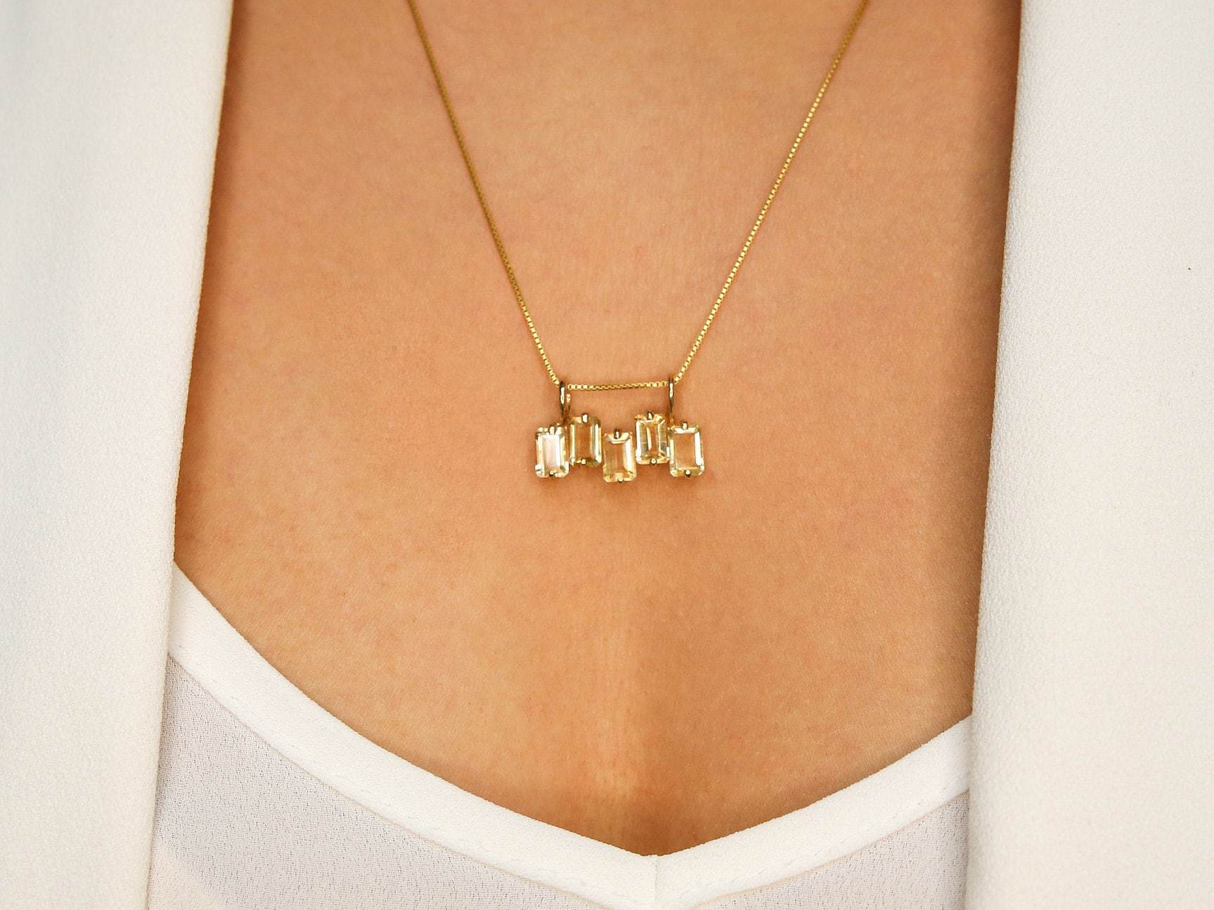 Citrine Pendant, Baguette Pendant, Natural Citrine, Emerald Cut Necklace, November Birthstone, Dainty Yellow Pendant, Solid Silver Pendant(1)