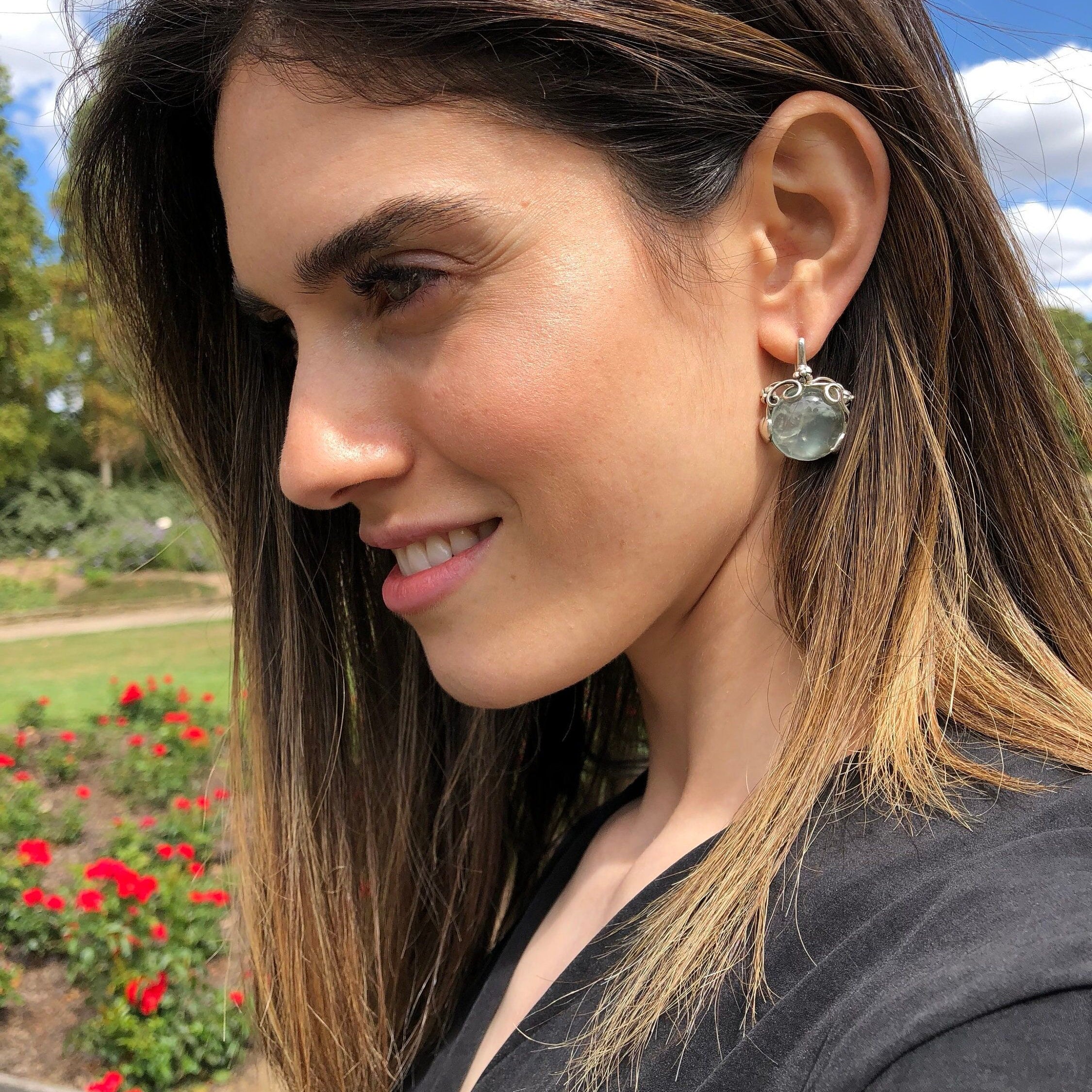 Flower Earrings, Prehnite Earrings, Natural Prehnite, Flower Design, May Birthstone, Vintage Earrings, Silver Earrings, Prehnite