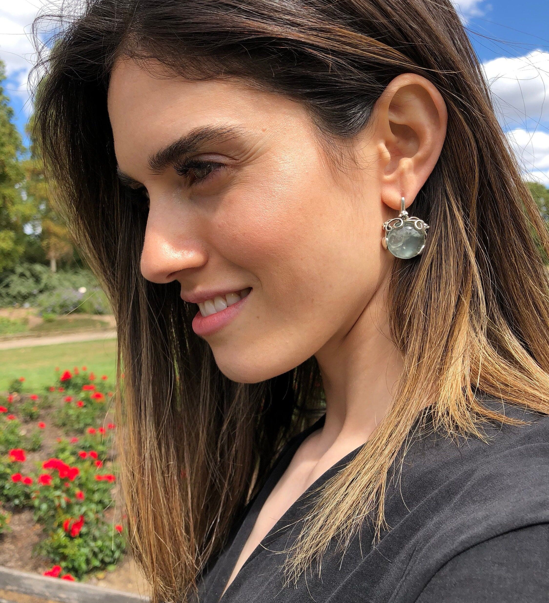 Flower Earrings, Prehnite Earrings, Natural Prehnite, Flower Design, May Birthstone, Vintage Earrings, Silver Earrings, Prehnite