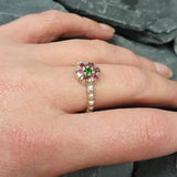 Pink Flower Ring - Pink Tourmaline Ring - Silver Bubble Band