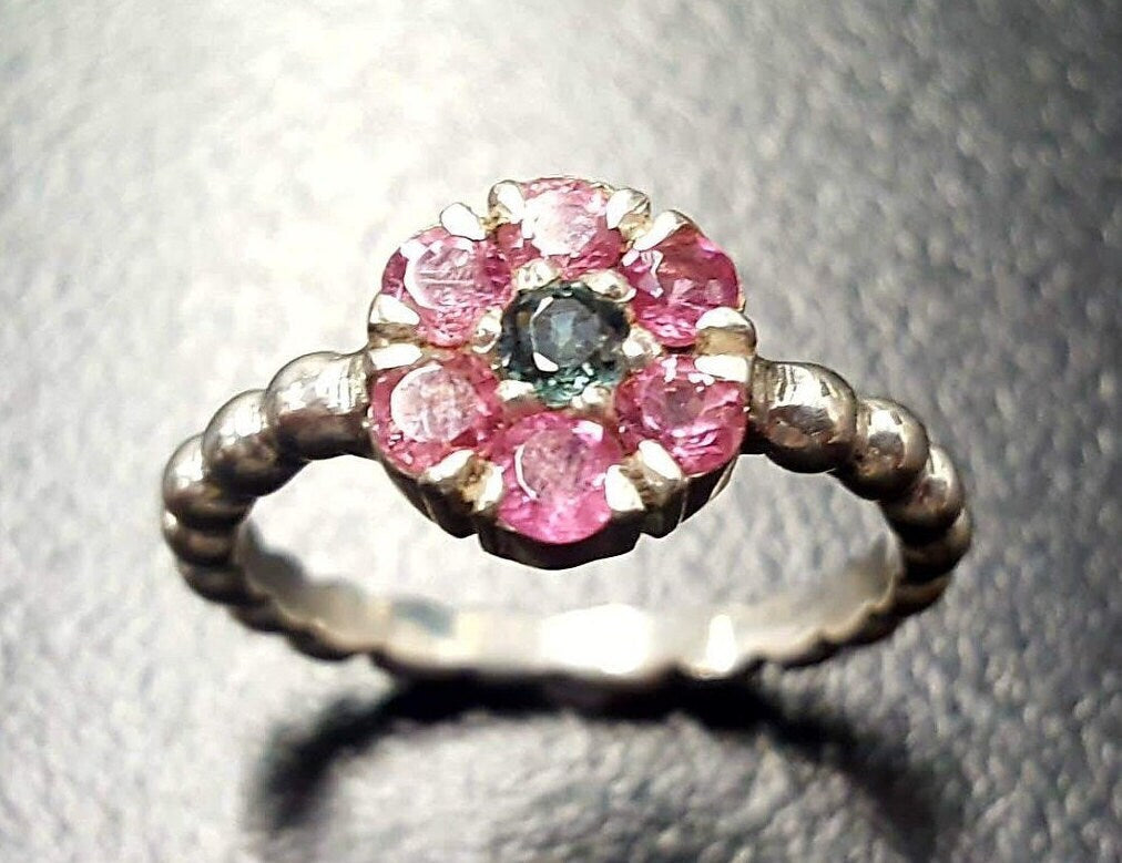 Pink Flower Ring, Pink Tourmaline, Daisy Ring, October Birthstone, Natural Tourmaline, Dainty Flower Ring, Pink Ring, Sterling Silver Ring