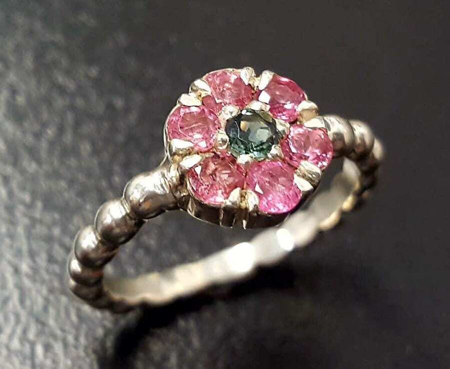 Pink Flower Ring, Pink Tourmaline, Daisy Ring, October Birthstone, Natural Tourmaline, Dainty Flower Ring, Pink Ring, Sterling Silver Ring