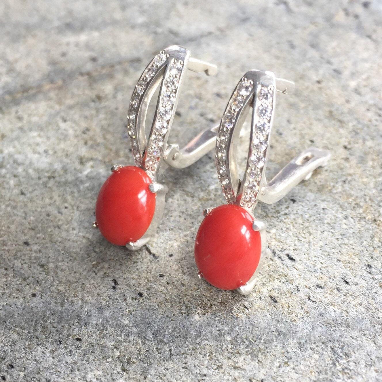 Coral Earrings, Red Coral Earrings, Natural Coral, Solid Silver Earrings, Matching Set, Italian Coral, Red Earrings, Natural Stone, Coral