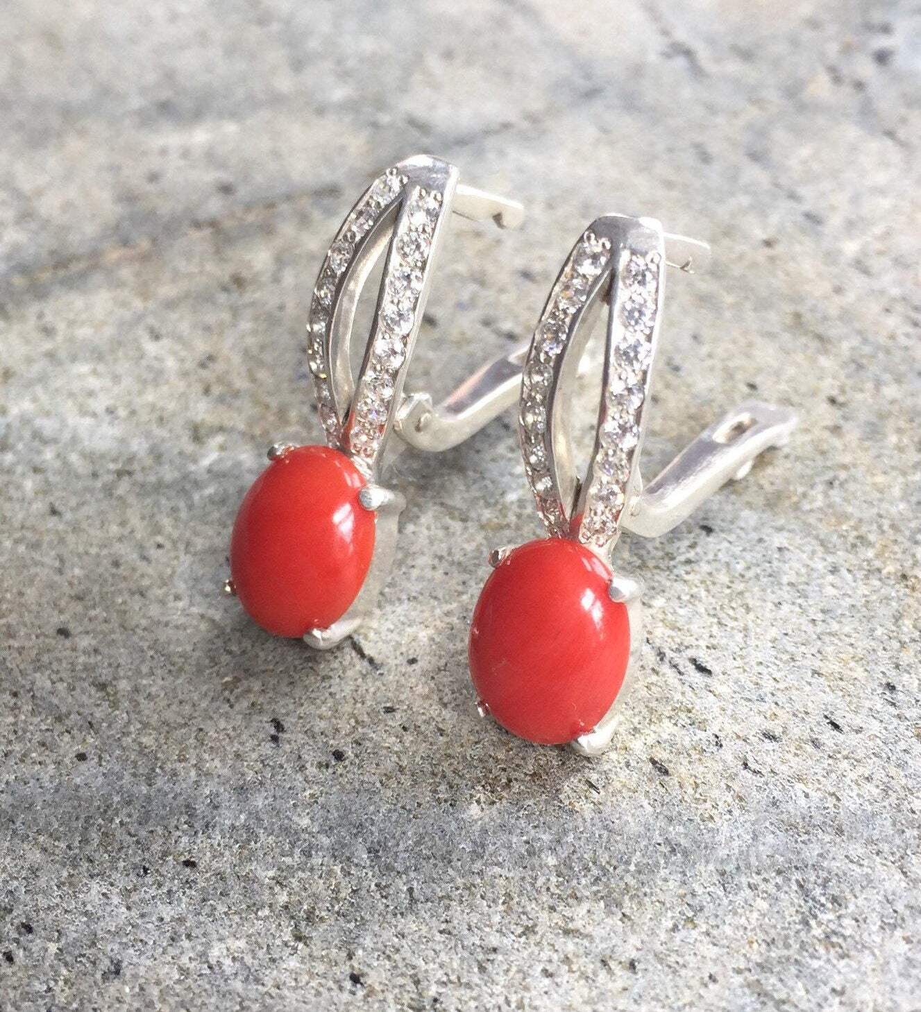 Coral Earrings, Red Coral Earrings, Natural Coral, Solid Silver Earrings, Matching Set, Italian Coral, Red Earrings, Natural Stone, Coral