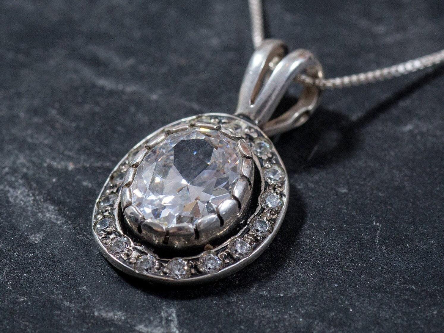 Diamond Necklace, Created CZ Diamond, Vintage Pendant, Oval Diamond Pendant, Bridal Pendant, Antique Necklace, Sparkly Pendant, Solid Silver