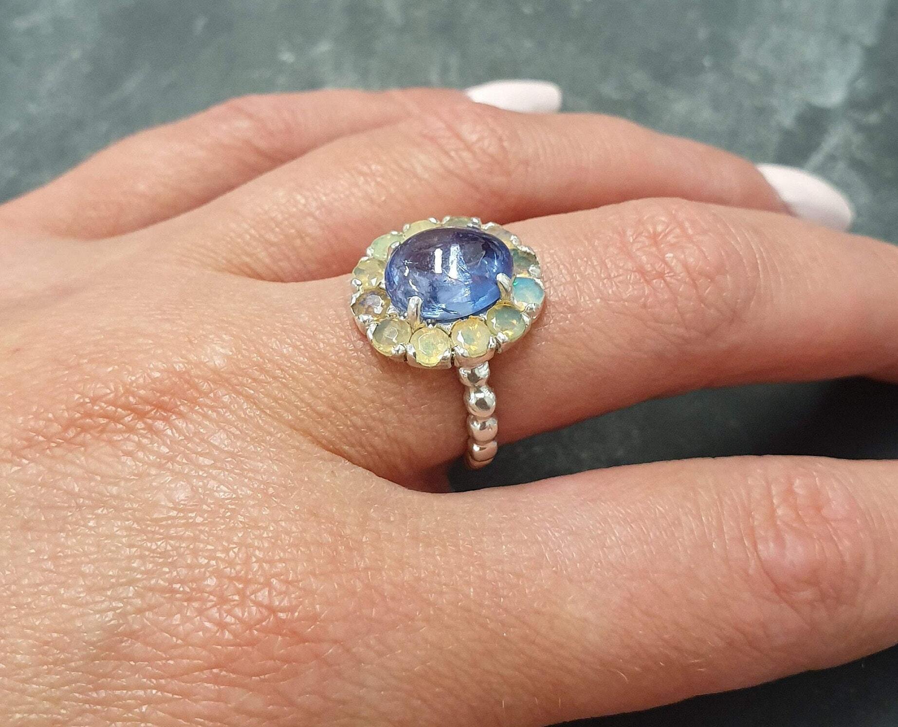 Tanzanite Ring, Natural Tanzanite, Opal Ring, Victorian Ring, December Birthstone, Unique Stone Ring, Multistone Ring, Solid Silver Ring