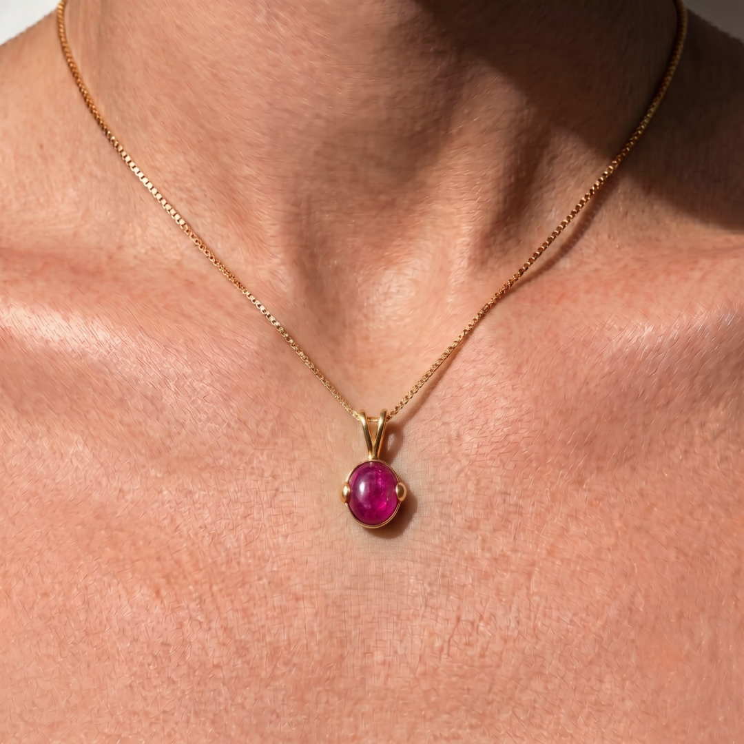 Elegant 18k Gold Vermeil Ruby Pendant featuring a vibrant Oval Natural Red Ruby, perfect for July birthdays and special occasions.