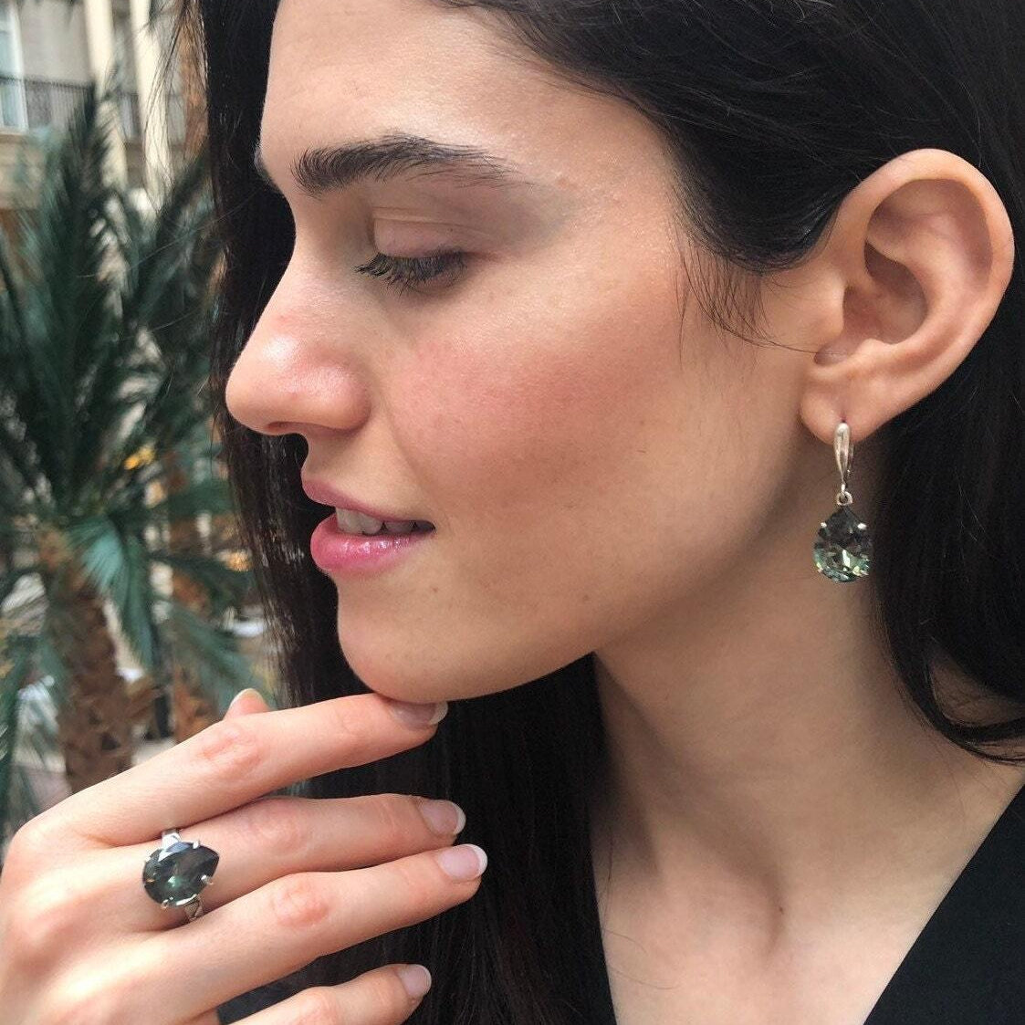 Green Diamond Ring, Created Diamond, Teardrop Ring, Vintage Ring, Solitaire Ring, Green Ring, Statement Ring, Large Ring, Solid Silver Ring