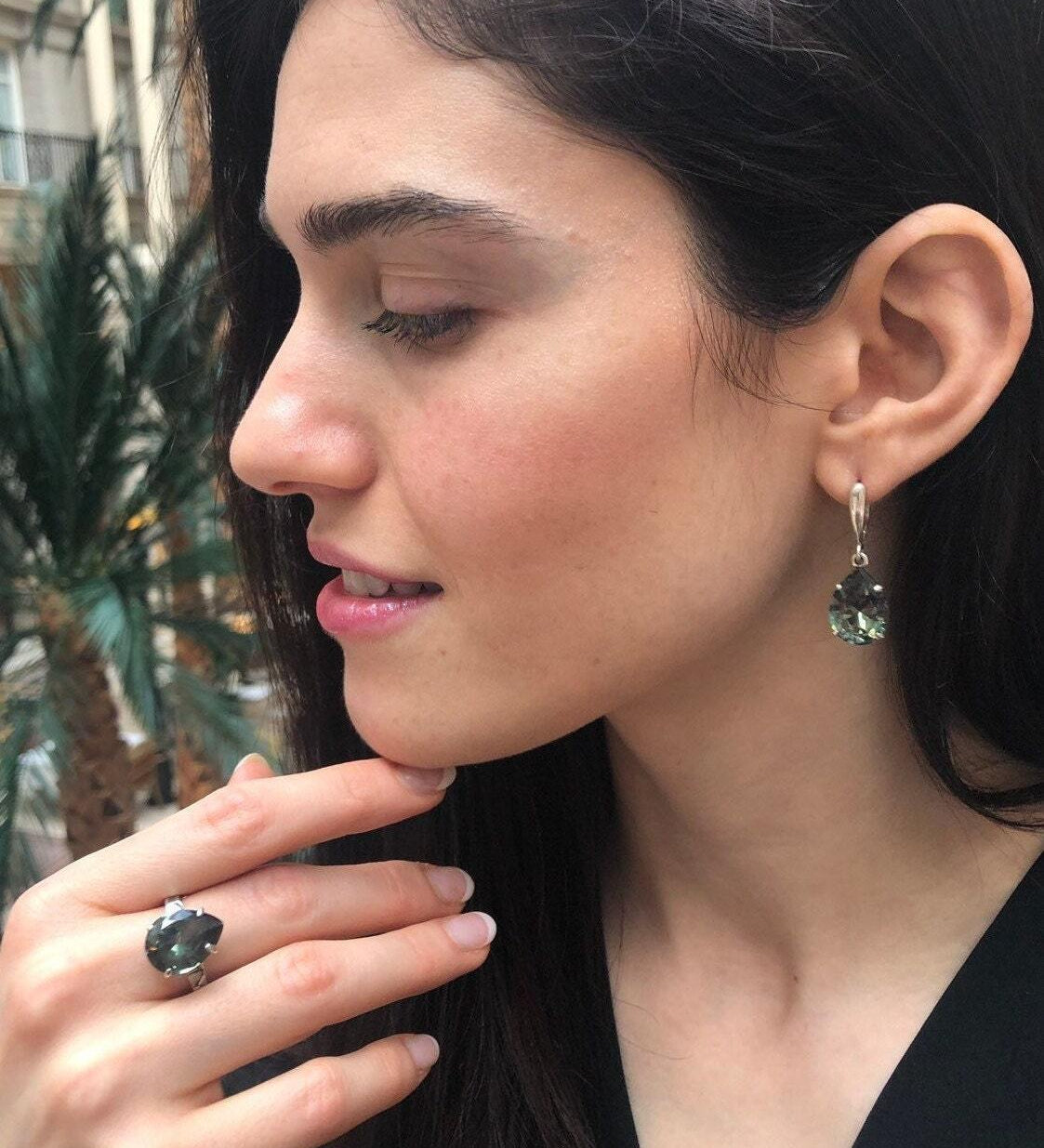 Green Diamond Ring, Created Diamond, Teardrop Ring, Vintage Ring, Solitaire Ring, Green Ring, Statement Ring, Large Ring, Solid Silver Ring