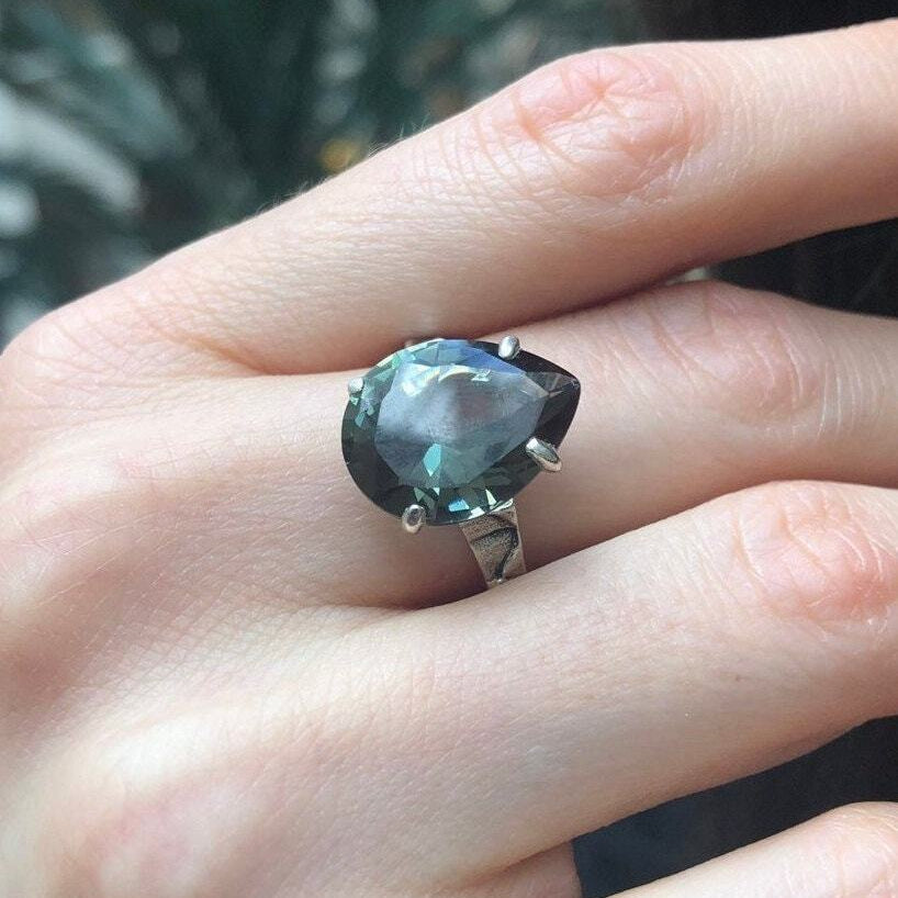 Green Diamond Ring, Created Diamond, Teardrop Ring, Vintage Ring, Solitaire Ring, Green Ring, Statement Ring, Large Ring, Solid Silver Ring