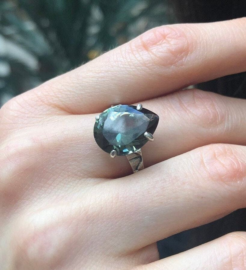Green Diamond Ring, Created Diamond, Teardrop Ring, Vintage Ring, Solitaire Ring, Green Ring, Statement Ring, Large Ring, Solid Silver Ring